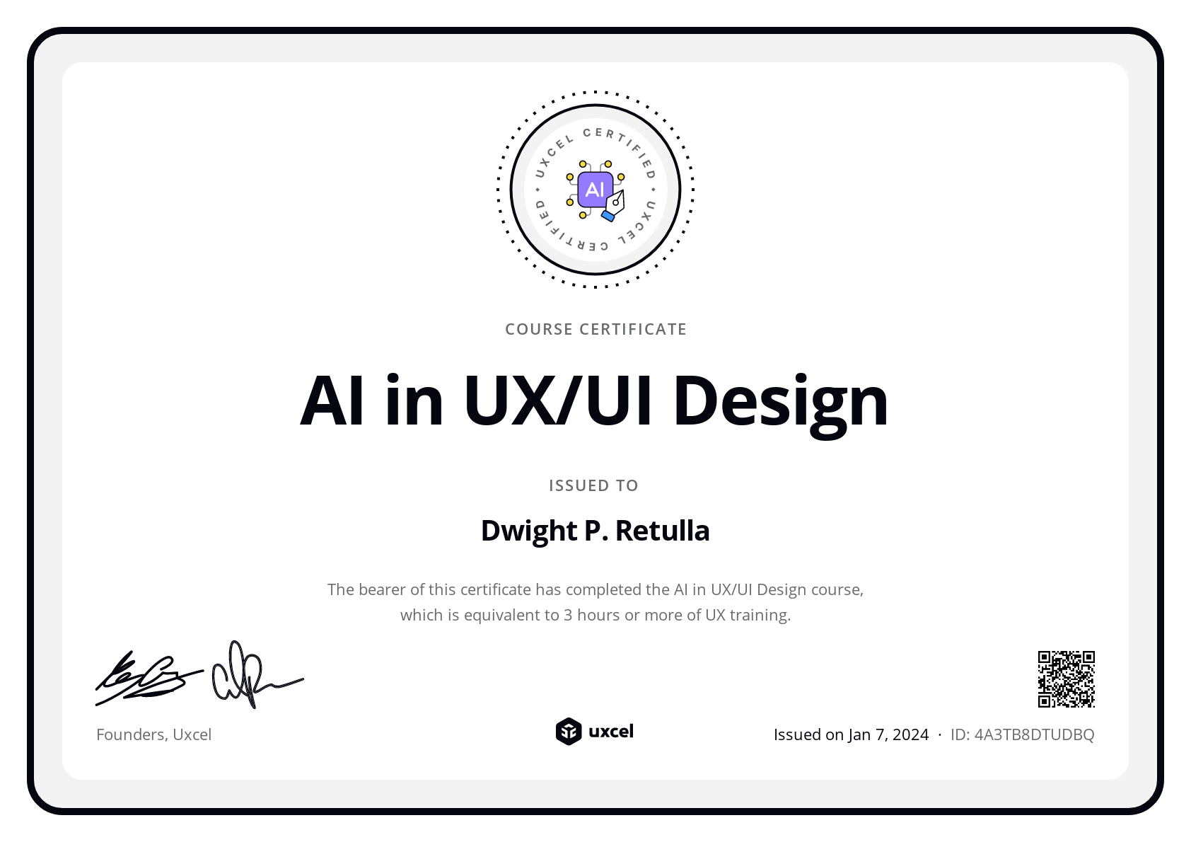 Dwight P. Retulla's certificate